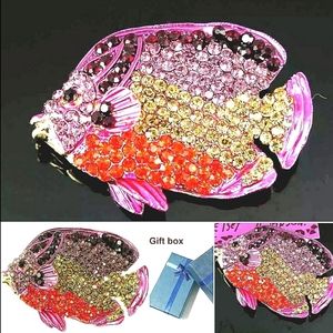 Gold red yellow purple and blue crystal angel fish pendant brooch
